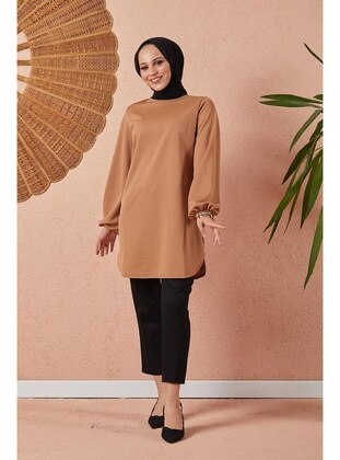 Elastic Button Detailed Hijab Tunic 3095 Taba