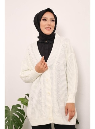 Cream-Beige Women's Modest Button Down  Knitted Hijab Sweater Cardigan