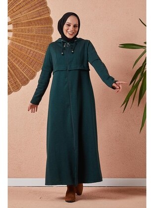 Front Zippered Hooded Abaya 3097 Emerald Green