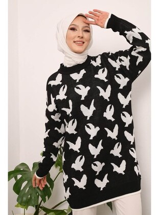 Black Women's Modest Crew-Neck Seagull Patterned Hijab Sweater Tunic