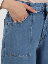 High Waist Denim Trousers With Cuff Detail Indigo
