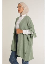 Women Oversıze Relaxed Fıt Shawl Collar Jacquard Sleeves Fringed Knit Knıt Sweater Green