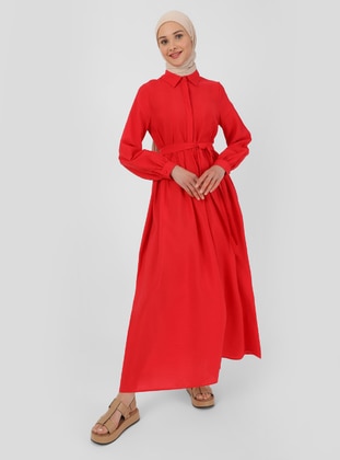 Red - Point Collar - Unlined - Modest Dress - Benin