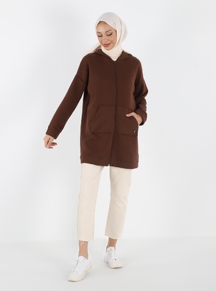 Hooded Zippered Cape Brown Coat
