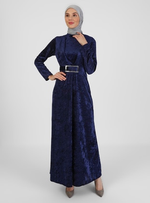 Double Pleated Mirror Belt Hijab Evening Dress Navy Blue