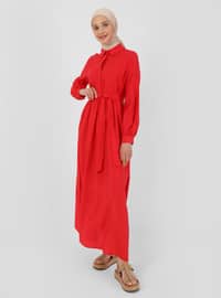 Red - Point Collar - Unlined - Modest Dress