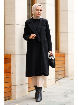 Double-Breasted Collar Pocket Coat Black