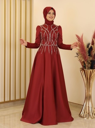Zen Satin Hijab Evening Dress Burgundy