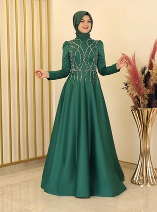 Zen Satin Hijab Evening Dress Emerald Green