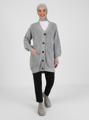 Pocket Detailed Sweater Cardigan Gray
