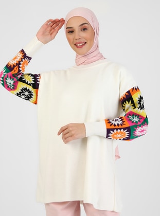 Multicolor Patterned Sweater Tunic With Sleeves White
