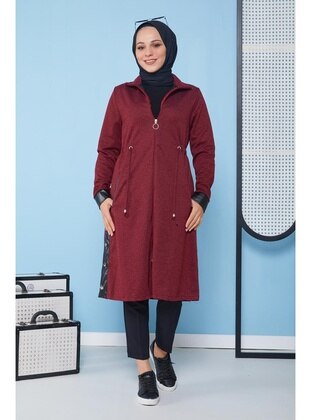 Leather Detailed Zippered Hijab Cape 3098 Burgundy Coat
