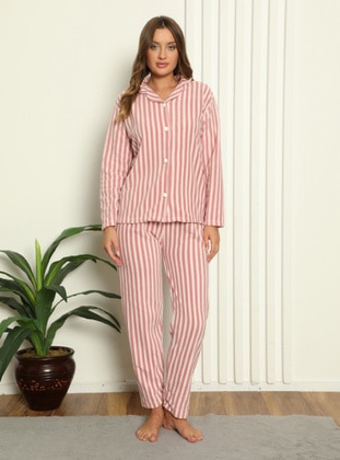 Women's Fleece Pajama Set Neck Button Striped Set Pink