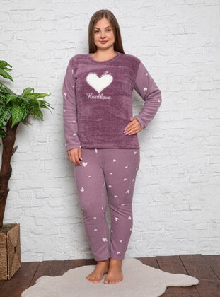 Women's Plus Size Pajama Set Fleece Plush Heart Patterned Set Purple