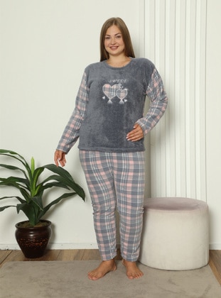 Women's Plus Size Pajama Set Fleece Plush Plaid Pattern Set Gray