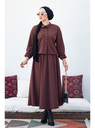 Delfin Button Down Jacket Skirt Suit With Flap Pockets Coffee Color
