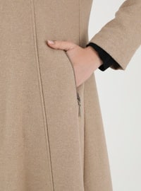 Faux Fur Detailed Coat With Hood Camel