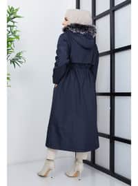 Navy Blue Plus Size Hooded Shearling Shirred Bondic Hijab Coat