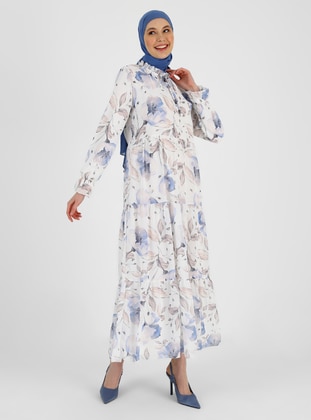 White - Blue - Floral - Crew neck - Fully Lined - Modest Dress - Refka