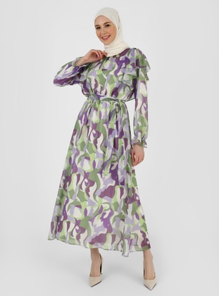 Lilac - Green - Floral - Crew neck - Fully Lined - Modest Dress - Refka