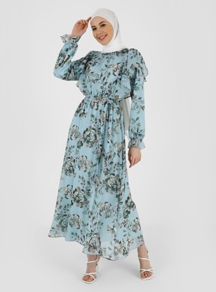 Beige - Sea Green - Floral - Crew neck - Fully Lined - Modest Dress - Refka