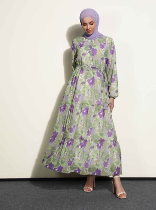 Lilac - Green - Floral - Button Collar - Fully Lined - Modest Dress - Refka