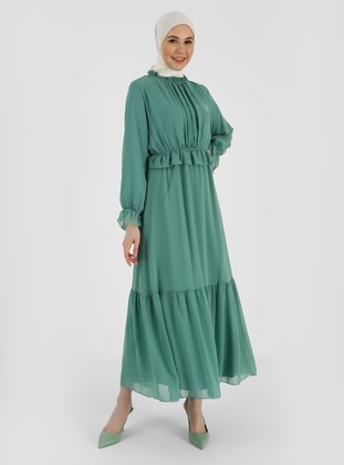 Green Almon - Floral - Crew neck - Fully Lined - Modest Dress - Refka