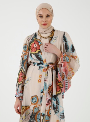 Unlined - Floral - Beige - Mustard - Kimono - Refka
