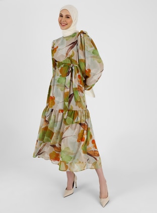 Brown - Green - Floral - Crew neck - Fully Lined - Modest Dress - Refka