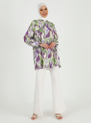 Lilac - Green - Floral - Crew neck - Tunic - Refka