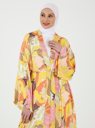 Unlined - Multi - Yellow - Orange - V neck Collar - Kimono - Refka