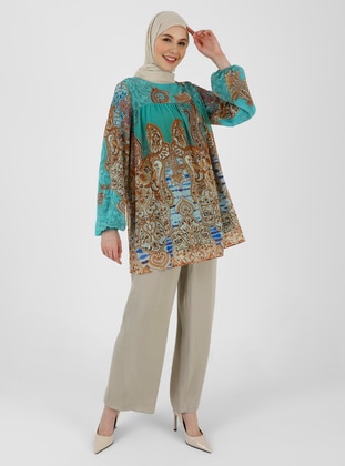 Brown - Turquoise - Floral - Crew neck - Button Collar - Tunic - Refka