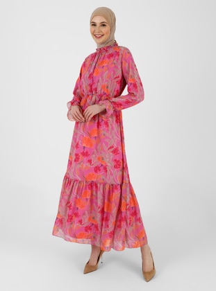 Fuchsia - Orange - Floral - Crew neck - Fully Lined - Modest Dress - Refka