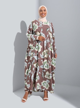 Brown - Green - Printed - Floral - Multi - Unlined - Crew neck - Abaya - Refka