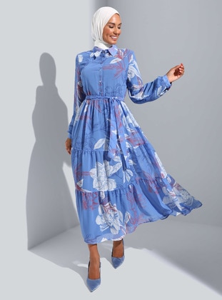 White - Blue - Floral - Point Collar - Fully Lined - Modest Dress - Refka