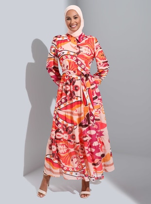 Fuchsia - Orange - Floral - Point Collar - Fully Lined - Modest Dress - Refka