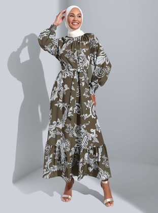 Olive Green - Floral - Crew neck - Unlined - Modest Dress - Refka