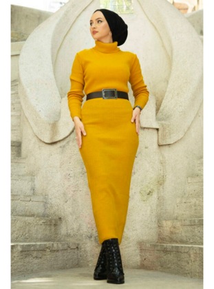 Mira Turtleneck Body Hijab Knitwear Dress Mustard