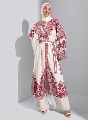 Unlined - Shawl - Cherry Color - V neck Collar - Kimono - Refka