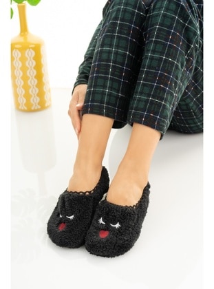Black Women's Kitty Booties Slippers Cat Woolen Sock Booties Home Booties Washable Noiseless Sole