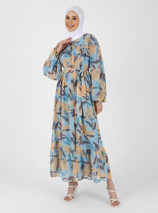 Blue - Yellow - Floral - Shawl - Crew neck - Fully Lined - Modest Dress - Refka