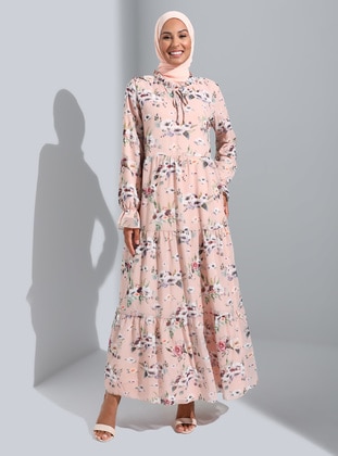 Powder Pink - Floral - Crew neck - Fully Lined - Modest Dress - Refka