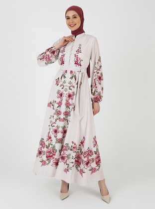 Beige - Dusty Rose - Floral - Button Collar - Unlined - Modest Dress - Refka