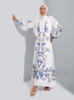 Beige - Blue - Floral - Button Collar - Unlined - Modest Dress - Refka