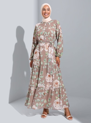 Pink - Floral - Button Collar - Fully Lined - Modest Dress - Refka