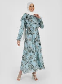 Beige - Sea Green - Floral - Crew neck - Fully Lined - Modest Dress