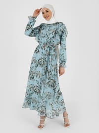 Beige - Sea Green - Floral - Crew neck - Fully Lined - Modest Dress