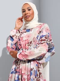 Blue - Powder Pink - Floral - Crew neck - Fully Lined - Modest Dress
