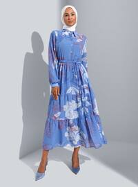 White - Blue - Floral - Point Collar - Fully Lined - Modest Dress