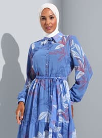 White - Blue - Floral - Point Collar - Fully Lined - Modest Dress